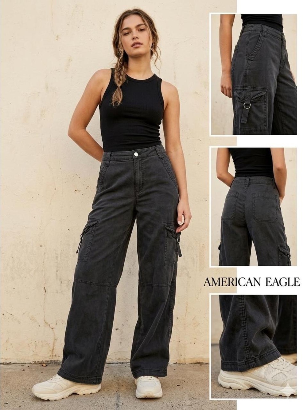 American Eagle Wide Leg Cargo Pants Dark Gray Washed Y2K Utility Gorpcore Size 6